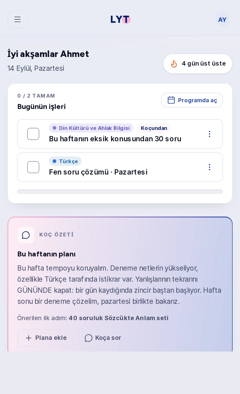Aynı ekranın telefondaki görünümü: günün planı ve çalışma kaydı.